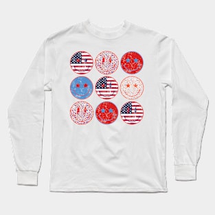 American Smiley Face, Independence Day, Patriotic, 4th Of July, American Women, Retro USA Flag Long Sleeve T-Shirt